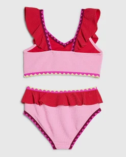 Girls Pink Textured Frill Bikini Set