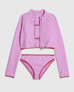 Girls Pink Textured Jacket And Bikini Set