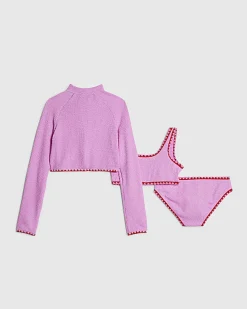 Girls Pink Textured Jacket And Bikini Set