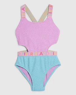 Girls Purple Colour Block Textured Swimsuit