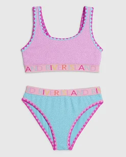 Girls Purple Textured Elastic Bikini Set