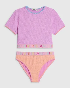 Girls Purple Textured T-Shirt And Bikini Set