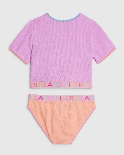 Girls Purple Textured T-Shirt And Bikini Set