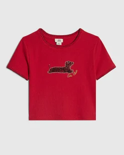 Girls Red Dachshund Beaded T-Shirt