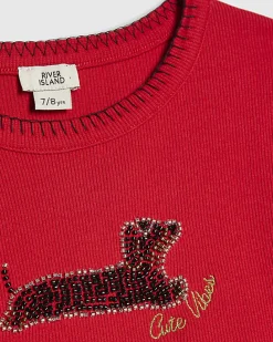 Girls Red Dachshund Beaded T-Shirt