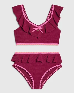 Girls Red Frill Whipstitch Bikini Set