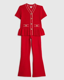 Girls Red Peplum Hem Short Sleeve Top Set