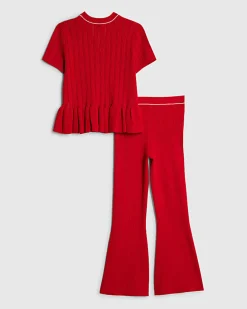 Girls Red Peplum Hem Short Sleeve Top Set