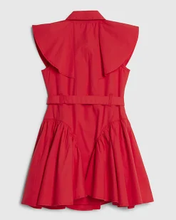 Girls Red Poplin Belted Shirt Dress