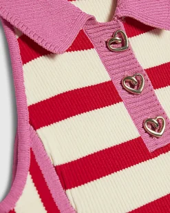 Girls Red Sleeveless Striped Dress