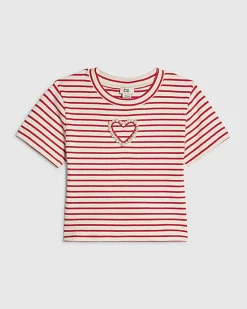 Girls Red Stripe Heart Cropped T-Shirt