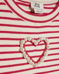 Girls Red Stripe Heart Cropped T-Shirt