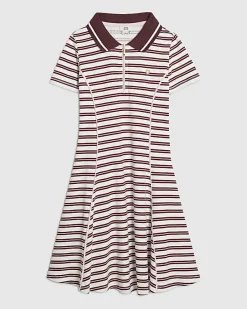 Girls Red Stripe Ribbed Zip Polo Dress