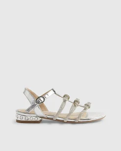 Girls Silver Diamante Heel Flat Sandals