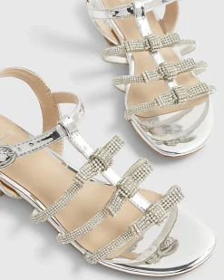 Girls Silver Diamante Heel Flat Sandals