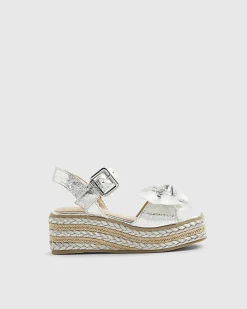 Girls Silver Metallic Bow Wedge Sandals