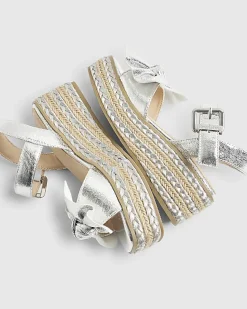 Girls Silver Metallic Bow Wedge Sandals