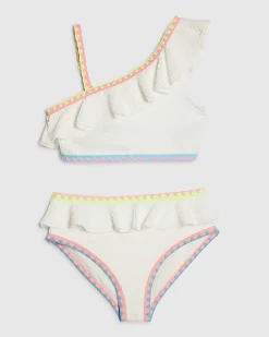 Girls White Asymmetric Neon Whipstitch Bikini