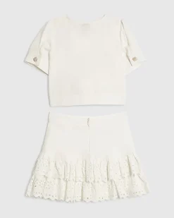 Girls White Broderie Hem Skirt Set