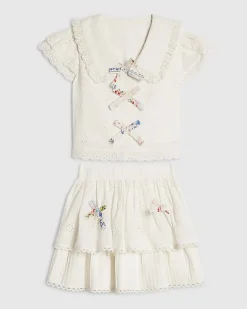 Girls White Collared Cotton.Top and Skirt Set