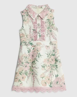 Girls White Collared Floral Lace Dress