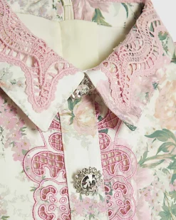 Girls White Collared Floral Lace Dress