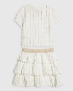 Girls White Crinkle T-shirt and Skirt Set