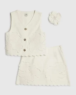 Girls White Denim Waistcoat And Shorts Set