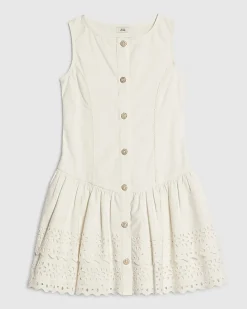 Girls White Dropped Waist Beaded Dress