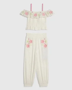Girls White Floral Cami And Trousers Set