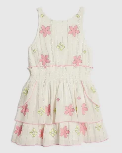Girls White Floral Embroidered Scallop Dress