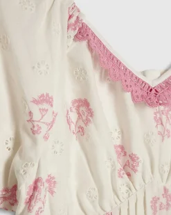 Girls White Floral Lace Trim Cotton Dress