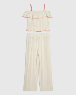 Girls White Frill Trousers Set