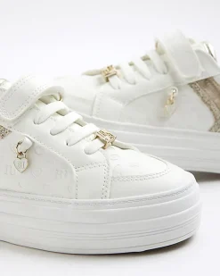 Girls White Heart Embossed Trainers
