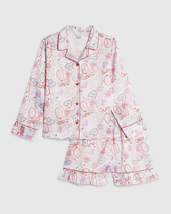 Girls White Love Heart Satin Short Pyjamas
