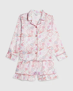 Girls White Love Heart Satin Short Pyjamas