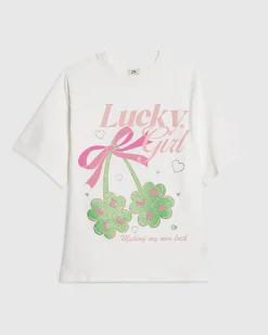 Girls White Lucky Girl T-Shirt