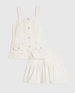 Girls White Pearl Waistcoat And Skirt Set