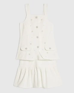 Girls White Pearl Waistcoat And Skirt Set