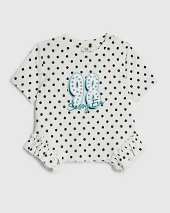 Girls White Polka Dot Frill Hem T-Shirt