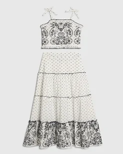 Girls White Printed Cami and Maxi Skirt Set