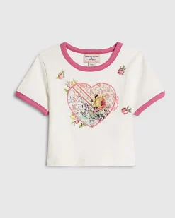 Girls White Rib Floral Heart Cotton T-Shirt