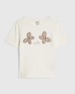 Girls White Ribbed Butterfly T-Shirt