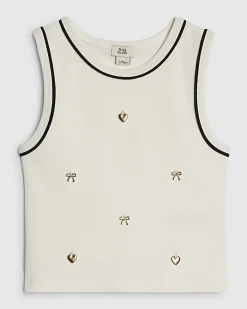 Girls White Ribbed Charm Tank Top