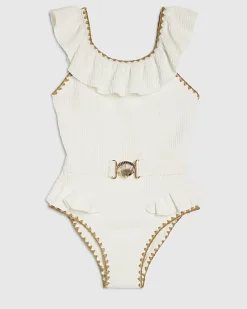 Girls White Shell Textured Belt Swimsuit