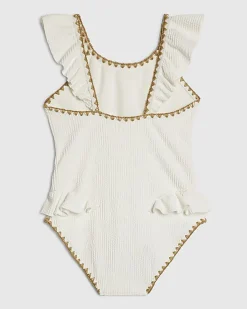 Girls White Shell Textured Belt Swimsuit