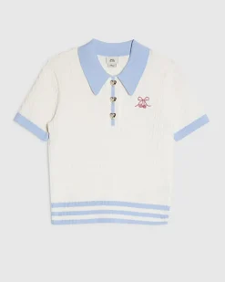 Girls White Stripe Cherry Bow Polo Shirt