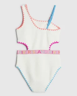 Girls White Textured Asymmetric Swimsuit