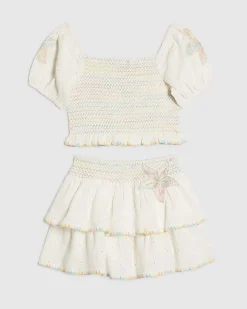 Girls White Whipstitch Top And Skirt Set
