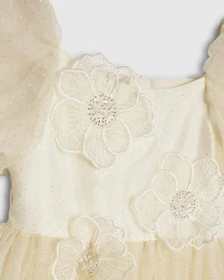 Girls Yellow Puff Sleeve Floral Tulle Dress